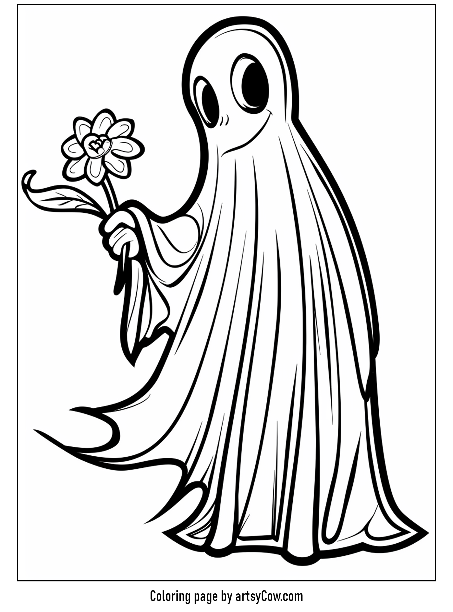 free halloween coloring pages for kids and adults featuring a cute ghost holding a flower.